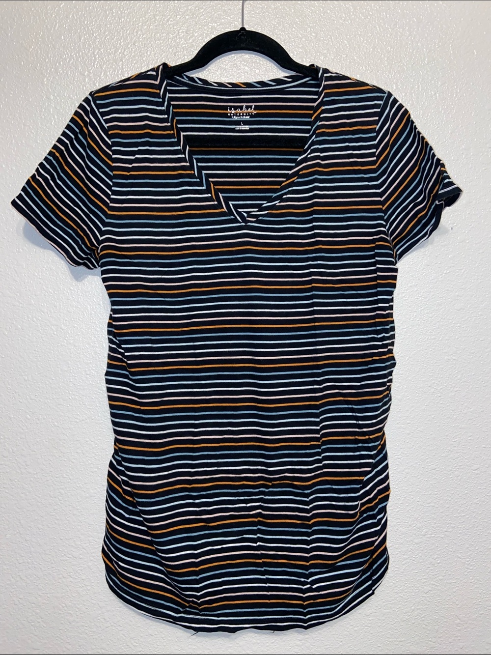Isabel Maternity Short Sleeve V-Neck Tee, Black with Stripes, Size Large